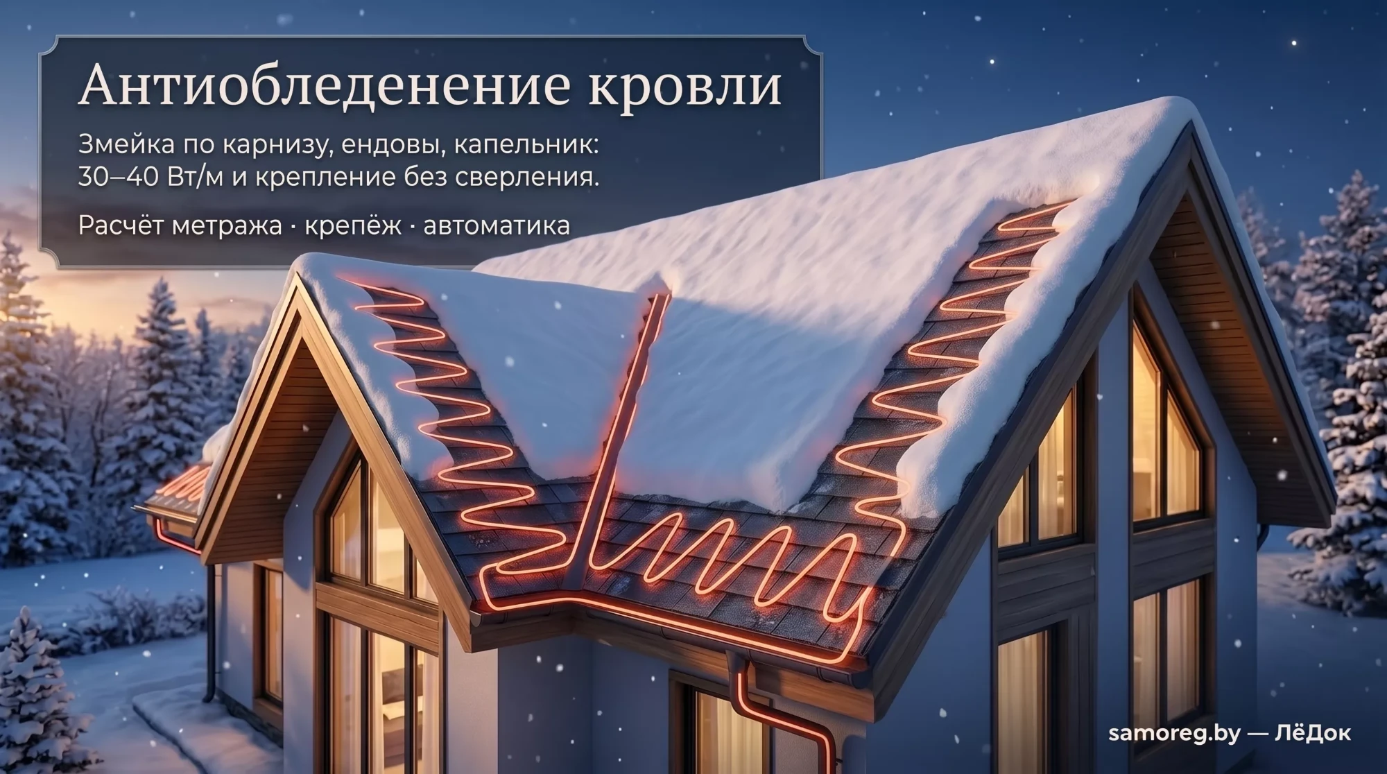Дом зимой: греющий кабель светится змейкой по карнизу, в ендове и в водосточной трубе