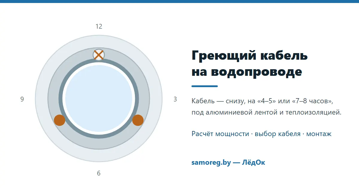 Разрез трубы водопровода: греющий кабель на позициях «4 часа» и «8 часов» под алюминиевой лентой и теплоизоляцией
