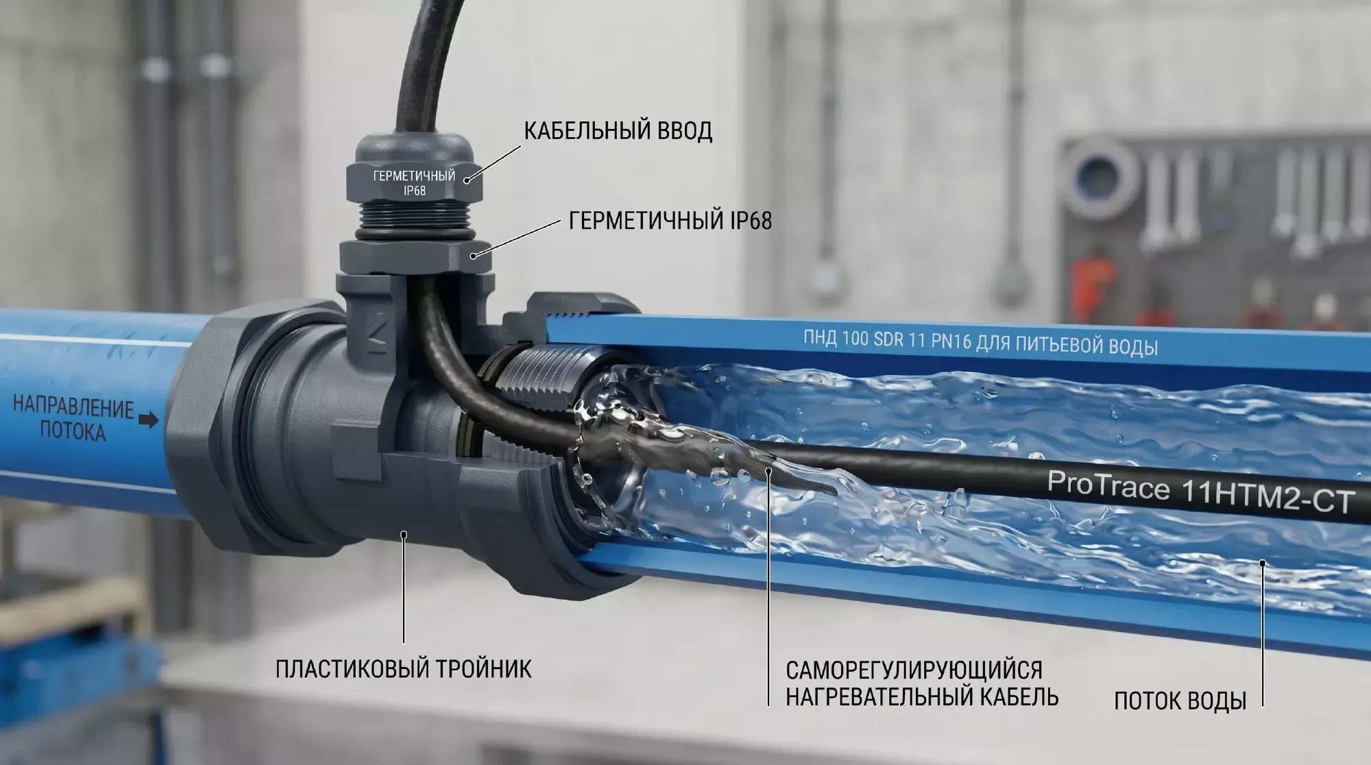 Разрез трубы ПНД: пластиковый тройник с герметичным кабельным вводом IP68, греющий кабель ProTrace 11HTM2-CT уходит внутрь трубы навстречу потоку воды